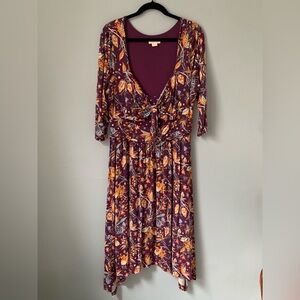 Anthropologie Plum Floral Midi Dress with Orange & Yellow Motif